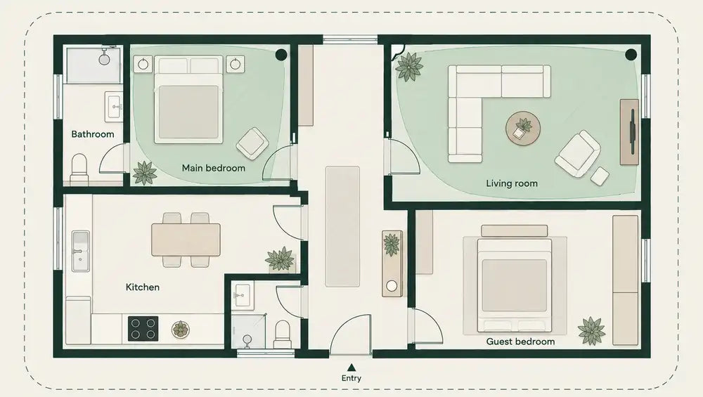 Floor plan: two sensea devices covering the main bedroom and living room directly, with ambient sensing across the rest of the home