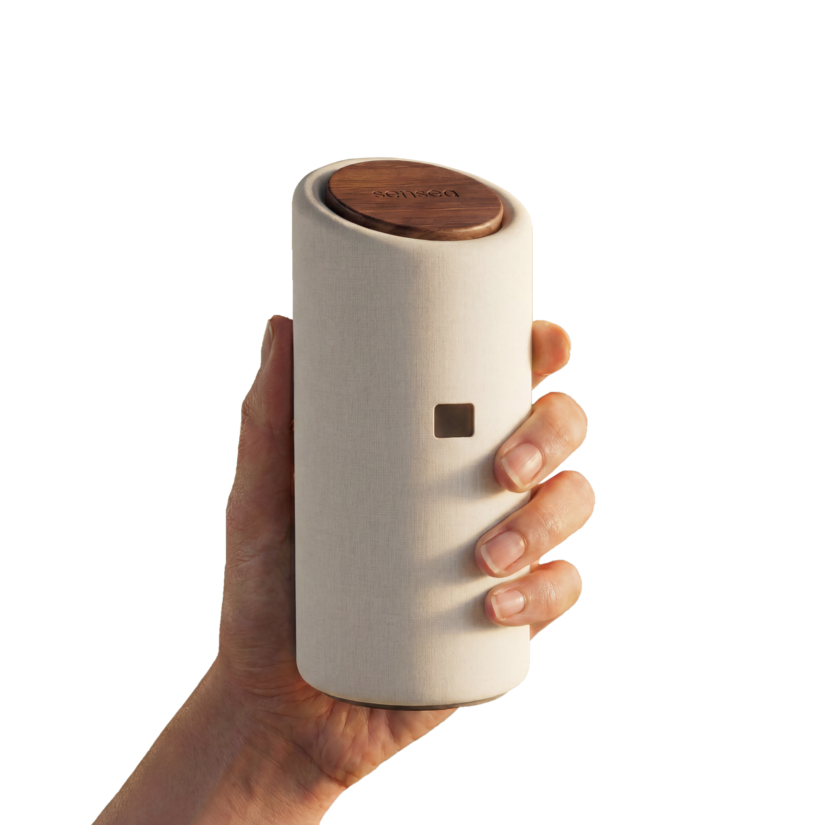 The sensea device shown on its own, a small matte cylinder with a wooden lid.