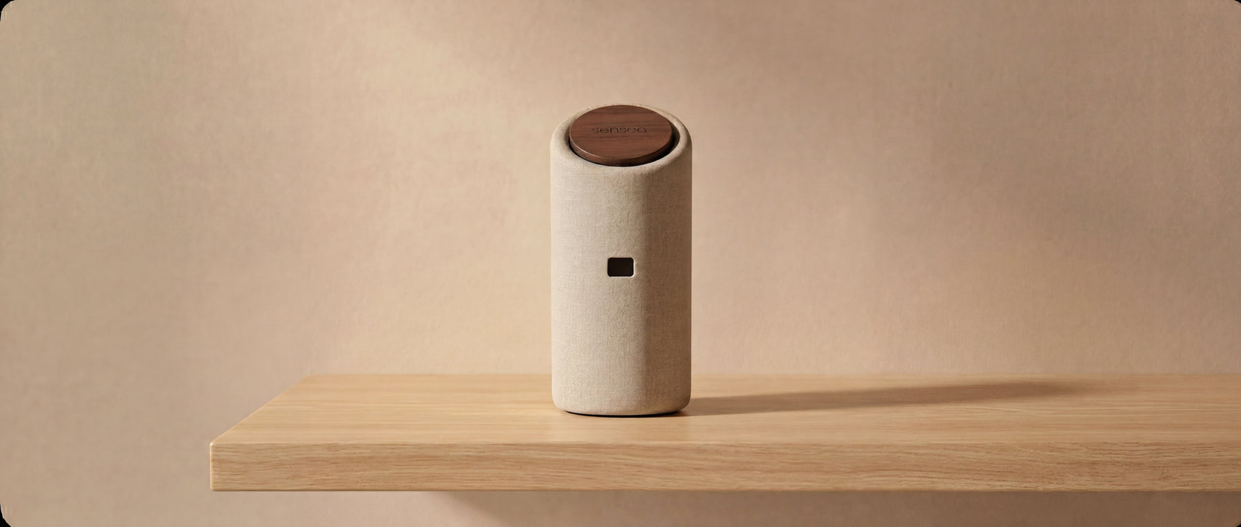 The sensea device resting on a table in a warm, softly lit room.