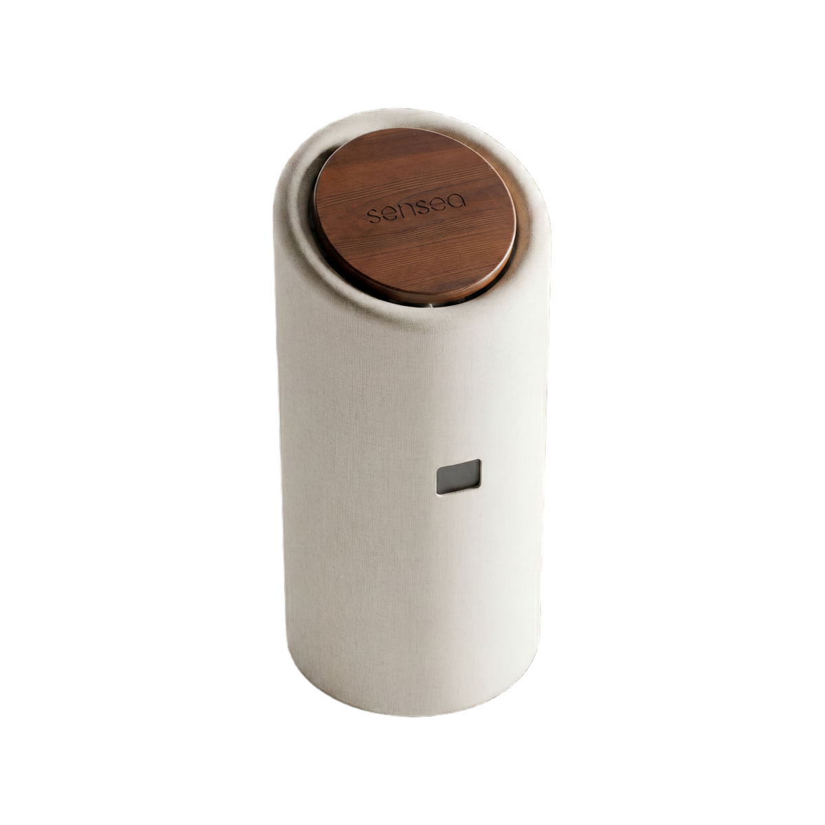 The sensea device, a tall matte cylinder with a wooden top, on a dark background.