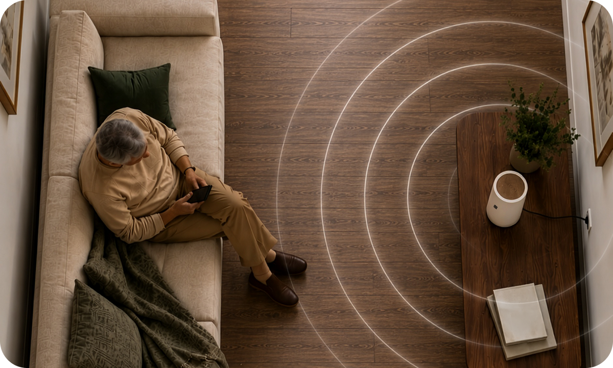 A radar-sensing visualization of gentle concentric signal rings across a living space.