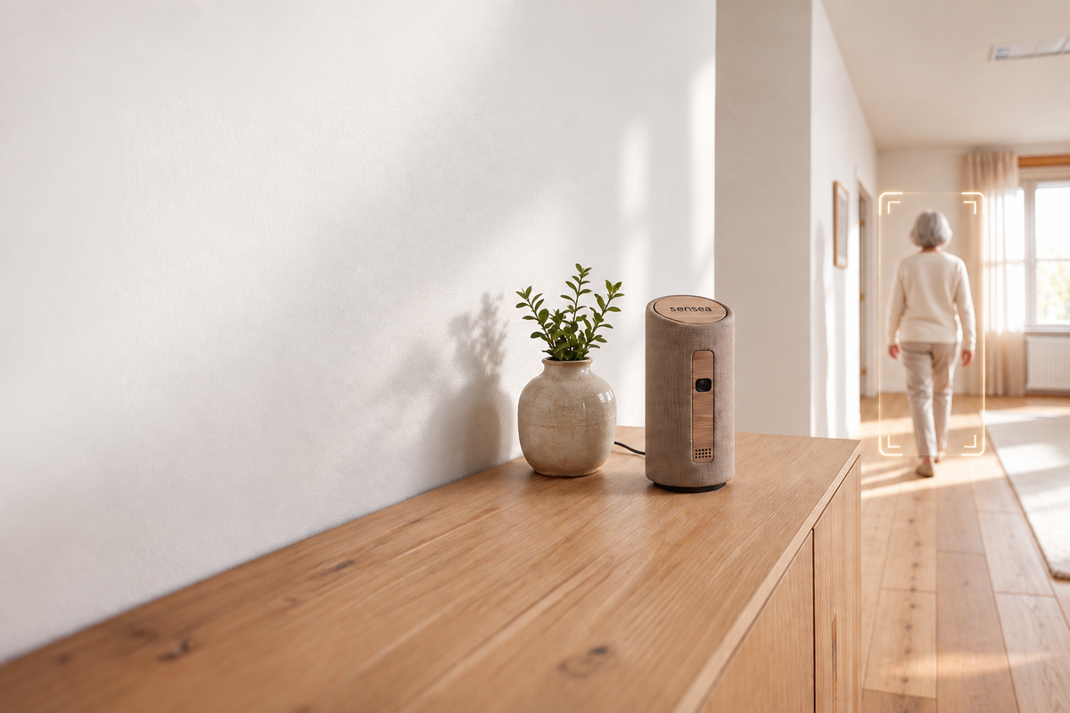 A calm, sunlit living room with the sensea home-care device on a wooden sideboard.