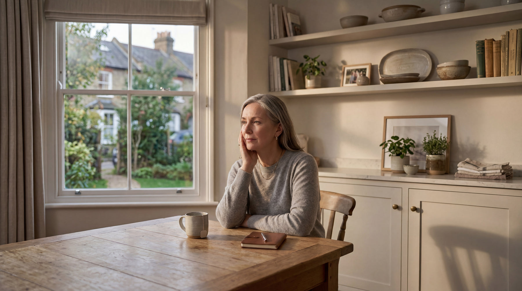 Portrait of an older woman at home, looking calm and content.