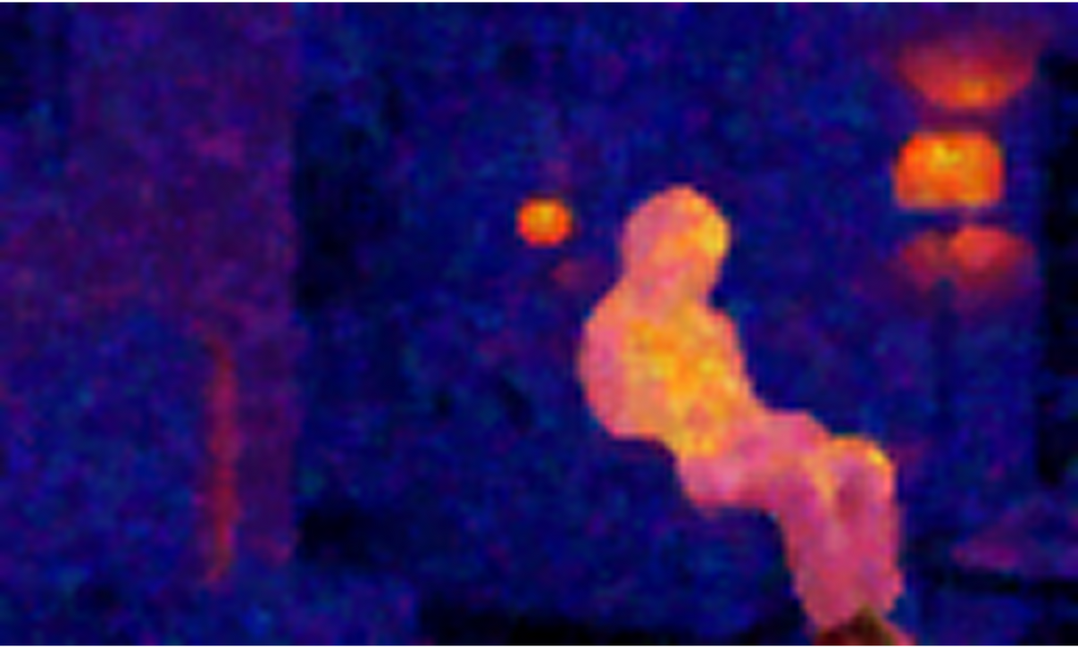 The sensea thermal sensor view of a living space, shown as a soft low-resolution heat pattern.